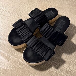 MERCEDES CASTILLO Black Yolanda Ruffled satin espadrille-style Slide Sandals